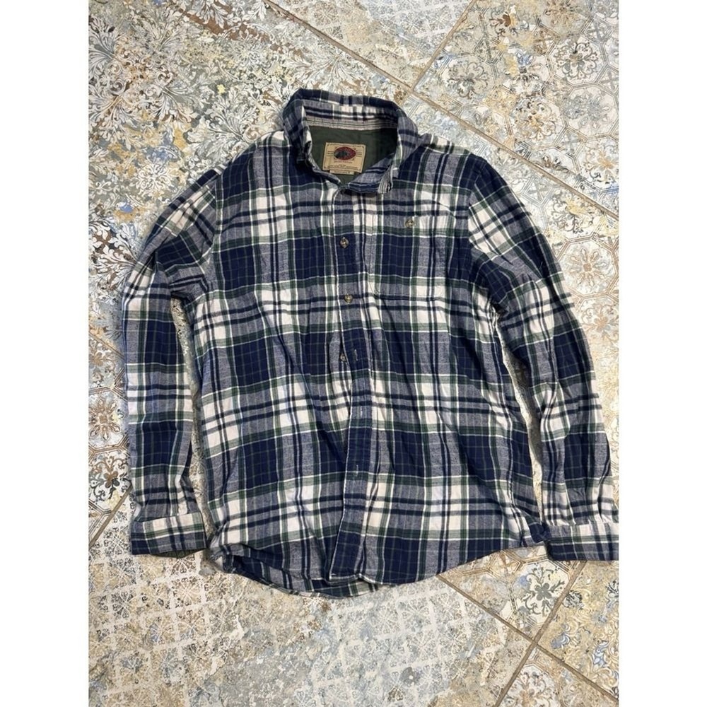Boston Traders Plaid Flannel Shirt Men's Small Green Blue Button Up Long Sleeve